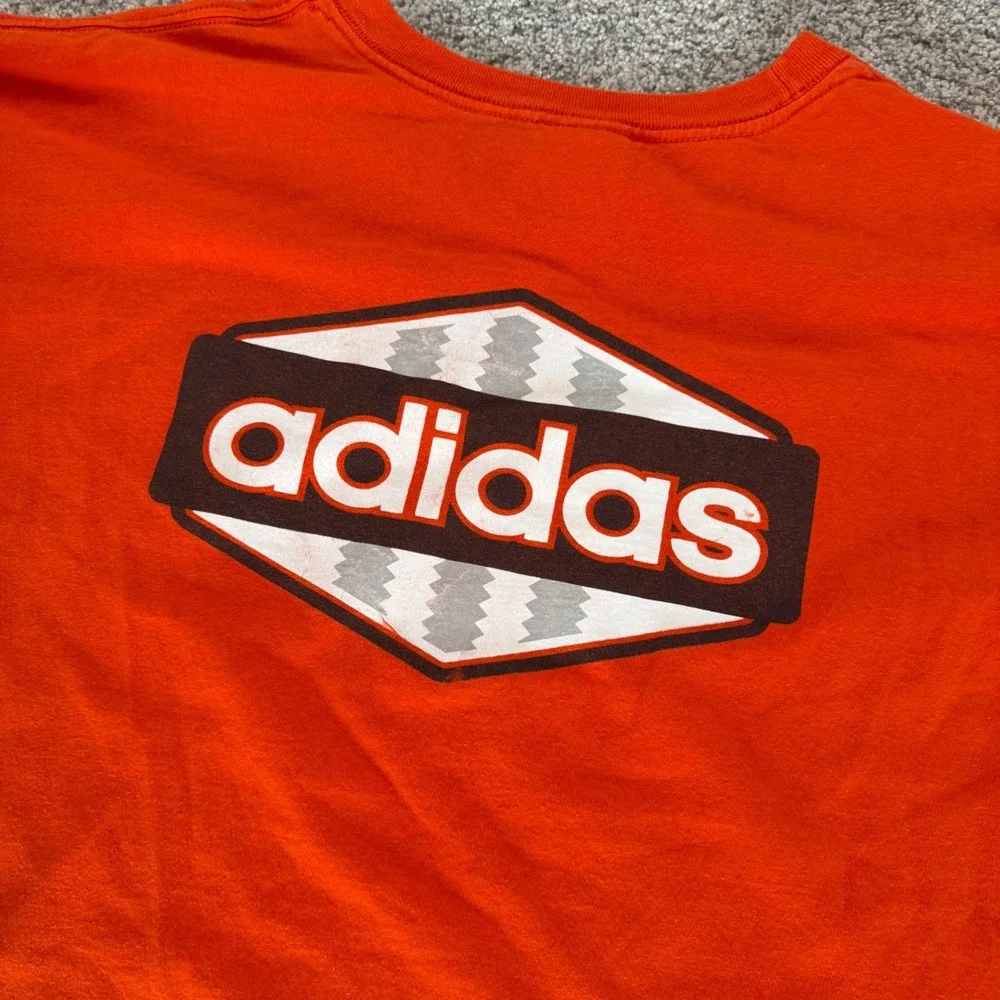 Vintage Adidas Mens Large Orange Graphic T-Shirt Short Sleeve Logo Crew Neck